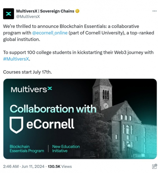 
			MultiversX и Cornell запускают спонсируемую образовательную программу по блокчейну		