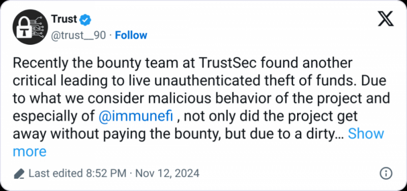 
			Immunefi приостановила работу TrustSec на&nbsp;фоне спора о&nbsp;вознаграждениях		