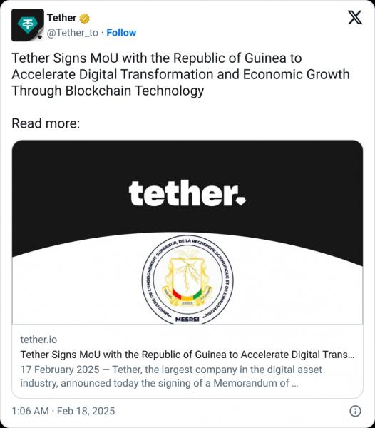
			Tether подписывает соглашение с&nbsp;Гвинеей об&nbsp;исследовании технологии блокчейна		