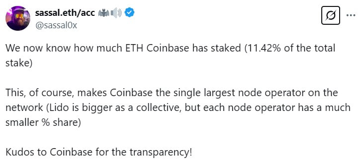 
			Coinbase стала крупнейшим оператором нод Ethereum с 11% стейкинга		