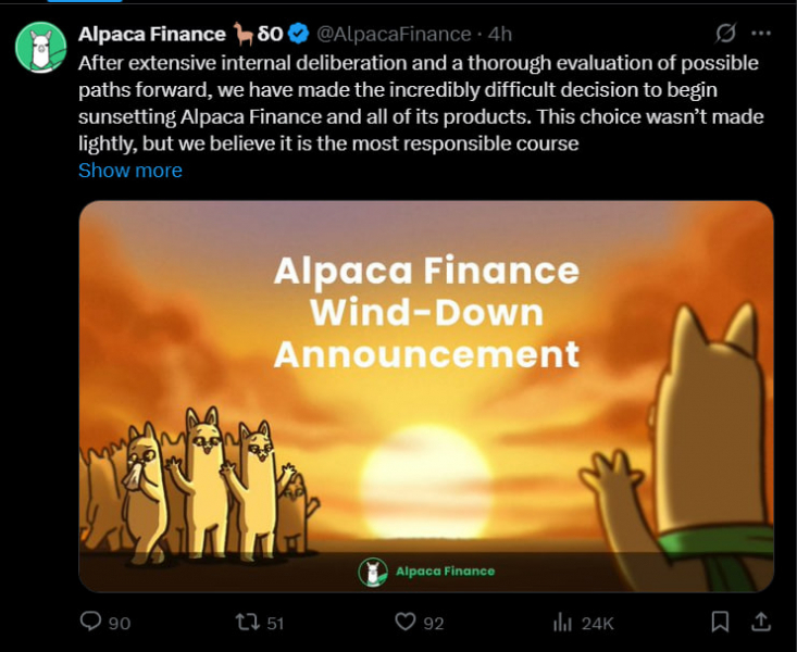 
			Alpaca Finance закрывает все продукты после делистинга с Binance		