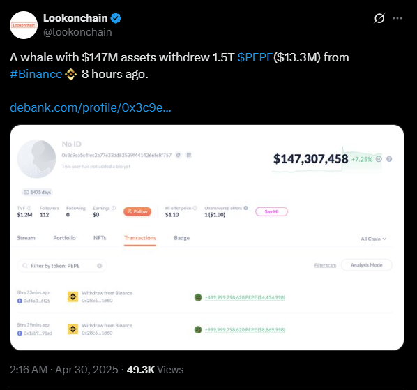 
			Крупный кит снял 1.5 трлн PEPE с Binance &mdash; как это качнуло рынок		
