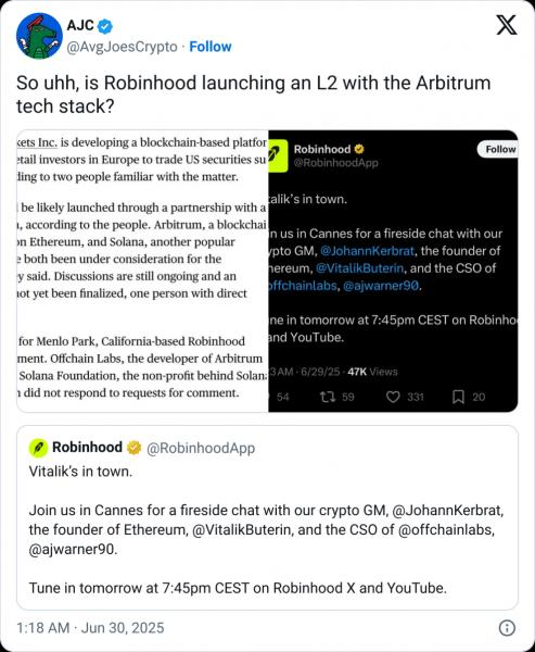
			Arbitrum подскочил на 17% на спекуляциях о партнерстве с Robinhood		