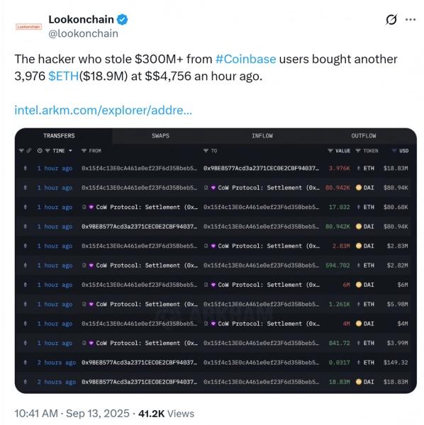 Кошелек «хакера Coinbase» купил Ethereum на $18,9 млн после того, как курс ETH превысил $4700