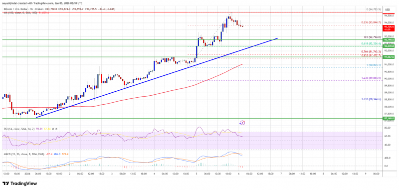 
			Цена биткоина продолжает расти, следующим барьером станет сопротивление на уровне 95 000 долларов		