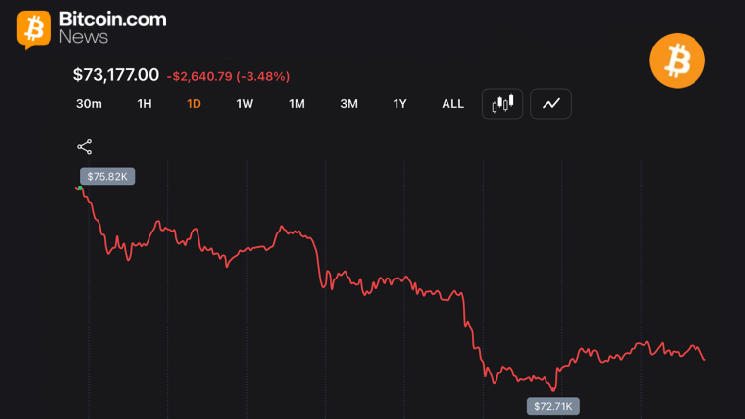 
			Трейдеры наблюдают за падением курса BTC ниже ключевых скользящих средних, поскольку &laquo;медведи&raquo; оказывают давление на отметку в 73 000 долларов		