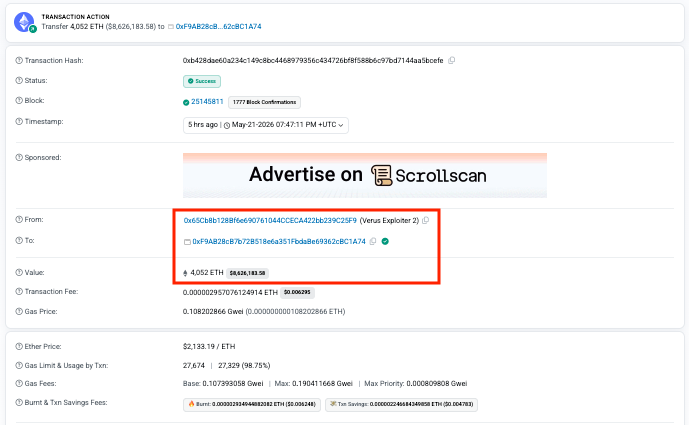 
			Verus Bridge Exploiter возвращает 4 052 ETH, оставляет 1 350 ETH в качестве награды		